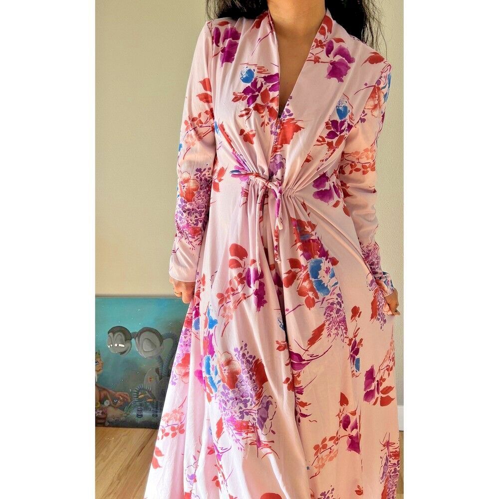 vtg 70s pink Caftan Maxi house dress floral hawaiian outfit Stretch one size